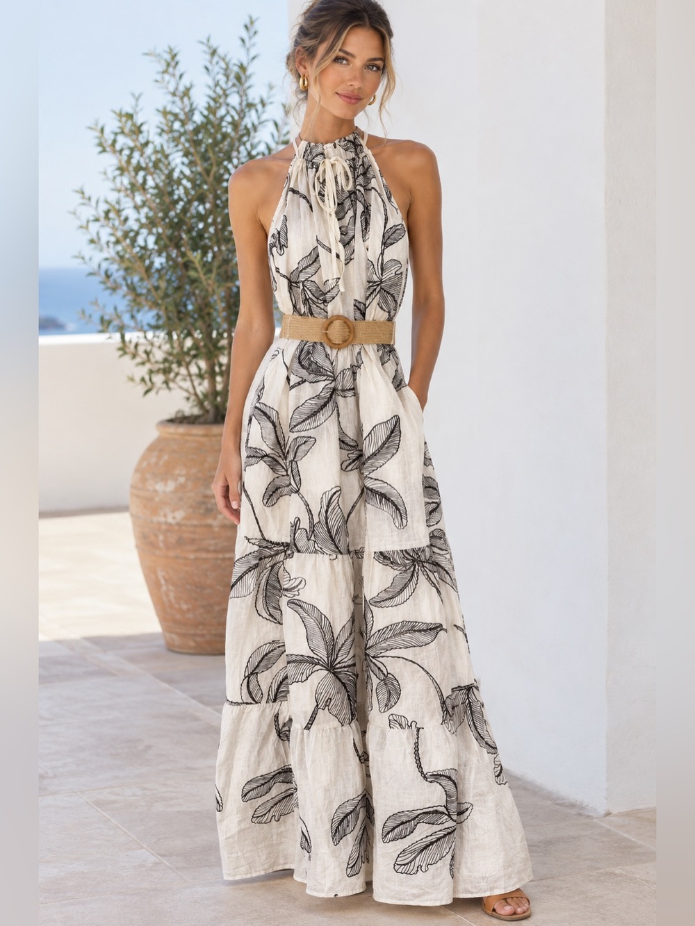 Halter Neck Botanical Print Maxi Dress in Cream and Black